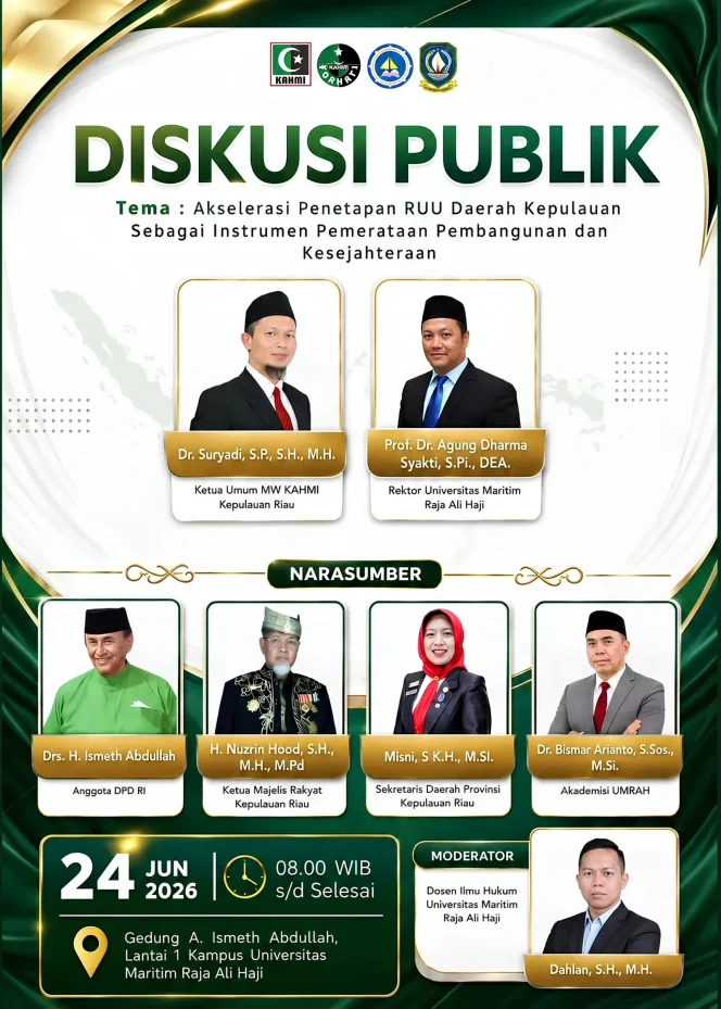 
					Akselerasi RUU Daerah Kepulauan: UMRAH dan KAHMI Kepri Gelar Diskusi Publik untuk Pemerataan Pembangunan