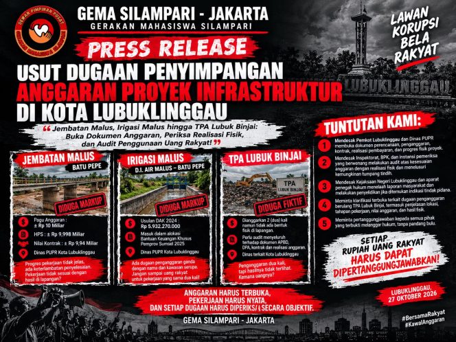 
					DPP GEMA SILAMPARI Desak Usut Dugaan Penyimpangan Anggaran Proyek Infrastruktur Di Kota Lubuklinggau.